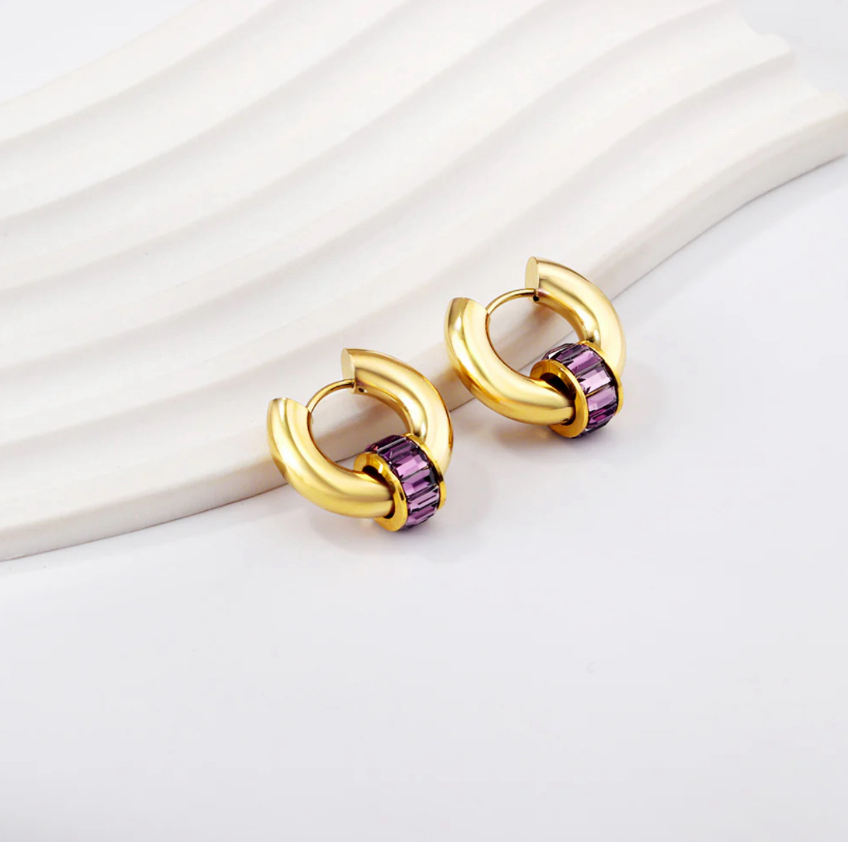 EH26 Gold hoop with Lavender baguette mini hoop detail