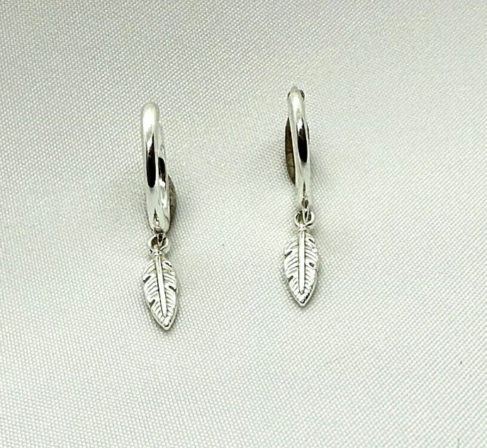 Sterling Silver feather on huggie earring