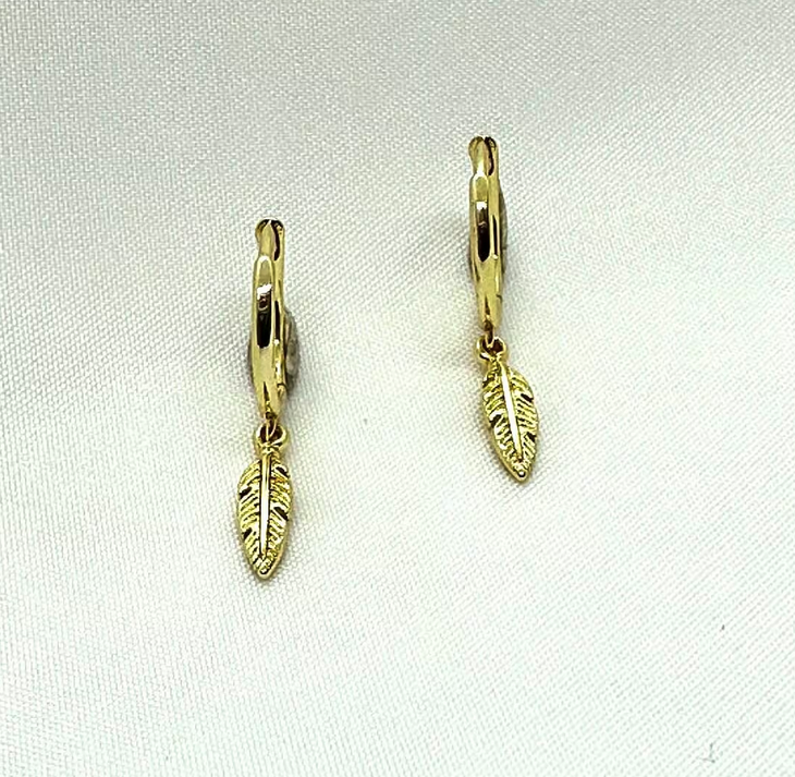 Gold plated feather on Huggie earrings