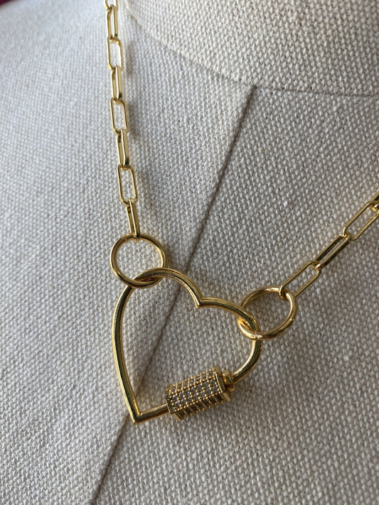 NCH Carabiner Heart Necklace Clear Crystals