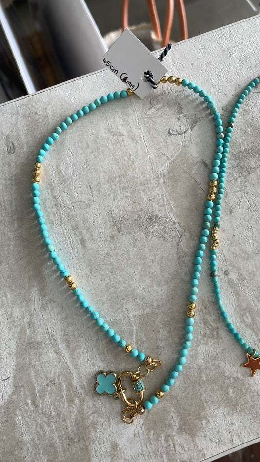 NBTGC4VC Turquoise beaded necklace with 4 leaf clover