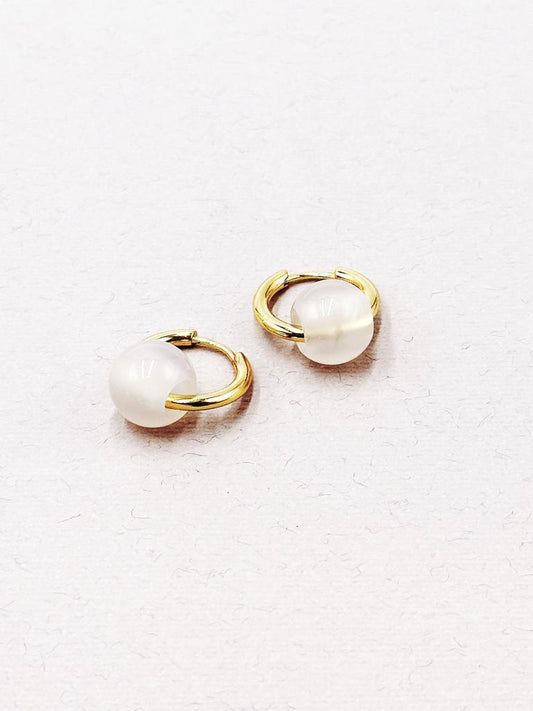 Gold Plated Hoop Earrings - detachable Gemstone - White Jade